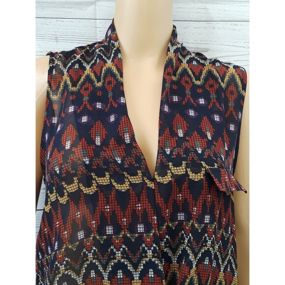 Sans Souci High Low Wrapped Sheer Top Blouse Geometric Red Blue L  New NWT - Picture 3 of 9